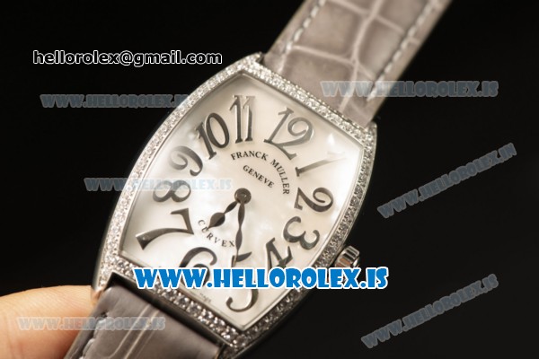 Franck Muller CINTR?E CURVEX Diamond Bezel With Grey Calfskin Strap Swiss Ronda 762 Quartz White Dial - Click Image to Close